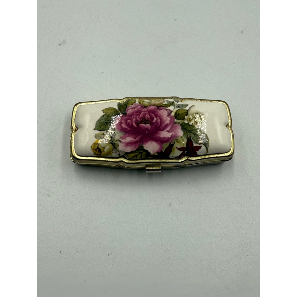 Vintage Floral Ceramic Pill Box Gold Tone 3 Compartment Pink Rose Case